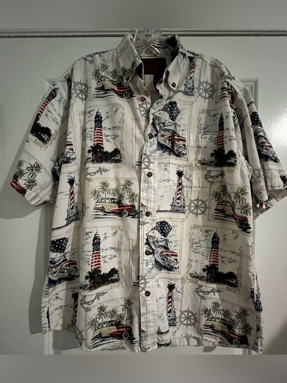 North River Short-Sleeve Nautical Americana  100% Cotton Button-Down Shirt